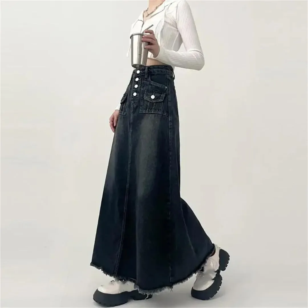 Women's High-Waisted Cargo Denim Skirt Long A-Line Retro Raw Edge Mid-Length Skirt