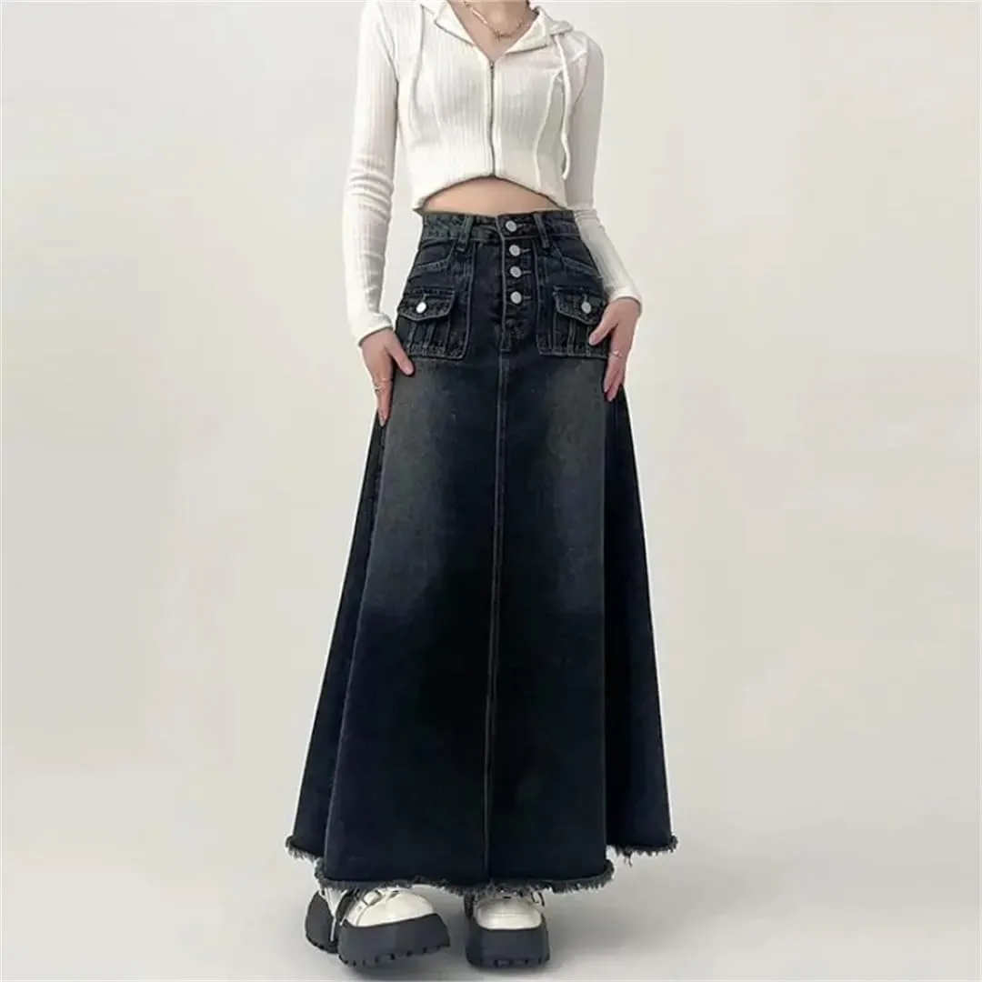 Women's High-Waisted Cargo Denim Skirt Long A-Line Retro Raw Edge Mid-Length Skirt
