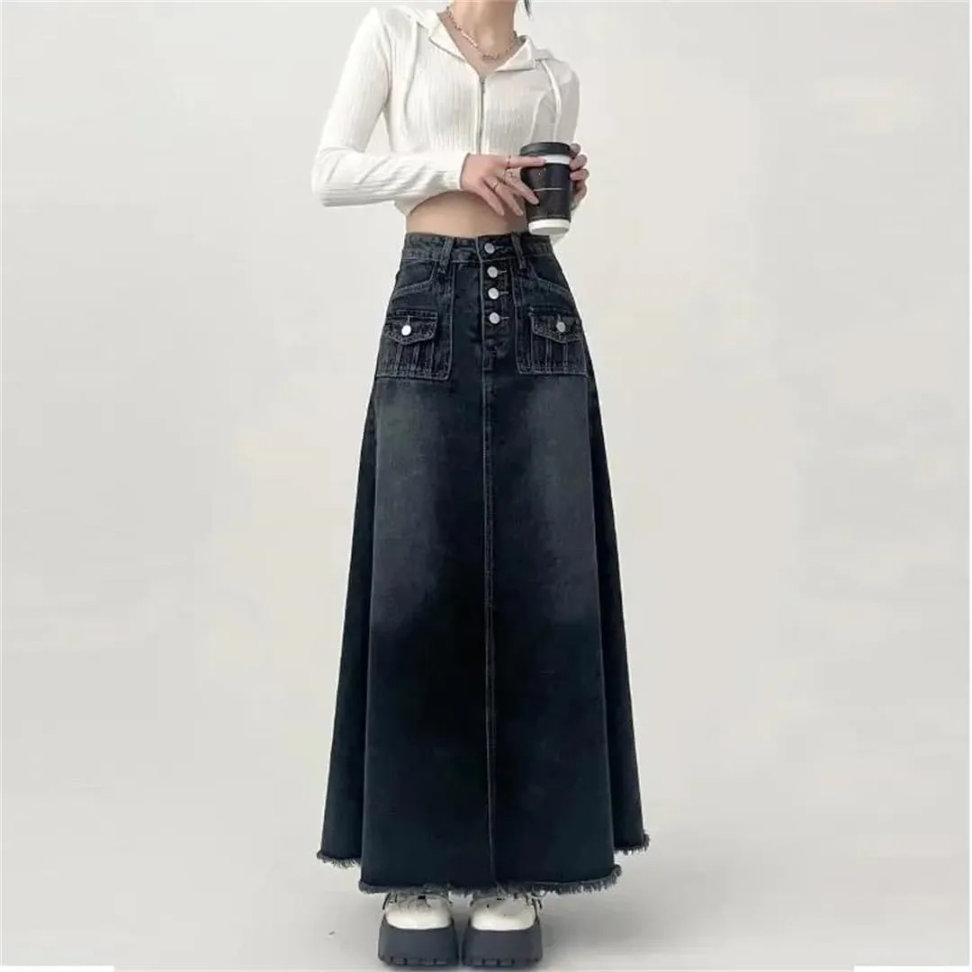Women's High-Waisted Cargo Denim Skirt Long A-Line Retro Raw Edge Mid-Length Skirt