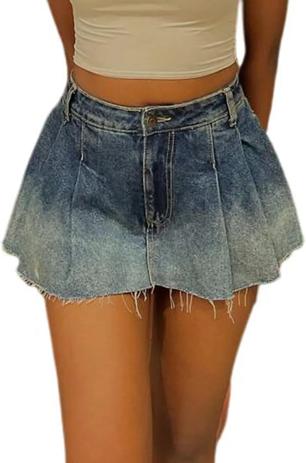 Women's High Waisted Denim Pleated Mini Skirt Casual Gradient Raw Hem A Line Jean Short Skirts Y2k Streetwear