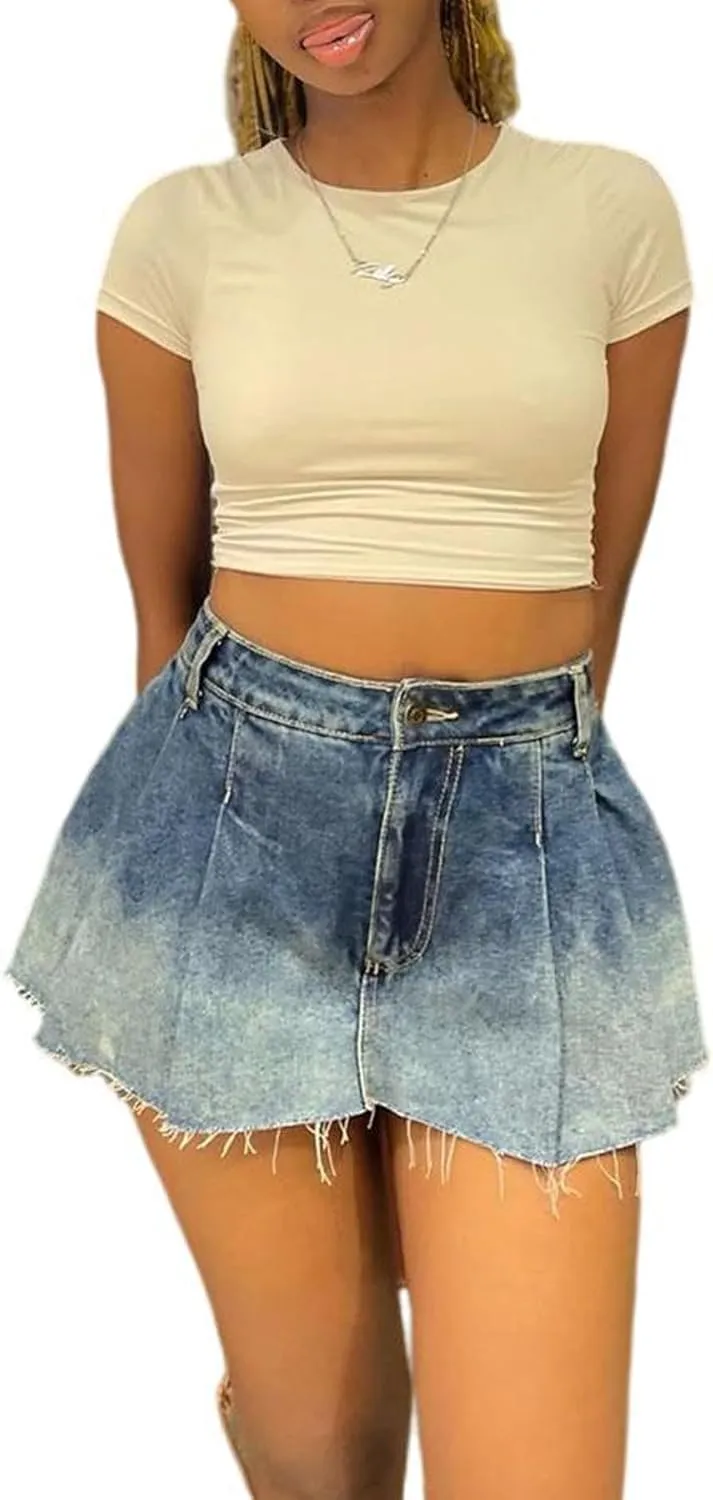 Women's High Waisted Denim Pleated Mini Skirt Casual Gradient Raw Hem A Line Jean Short Skirts Y2k Streetwear