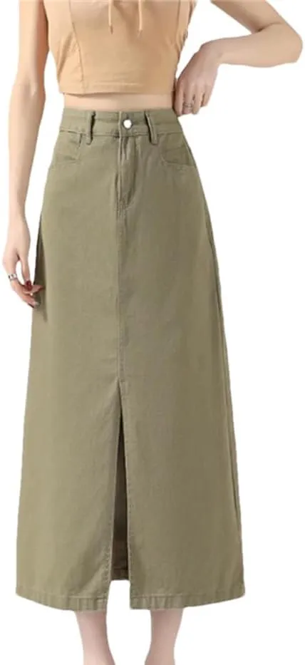 Women's High-Waisted Split Denim Skirt Knee-Length A-Line Loose Skirt