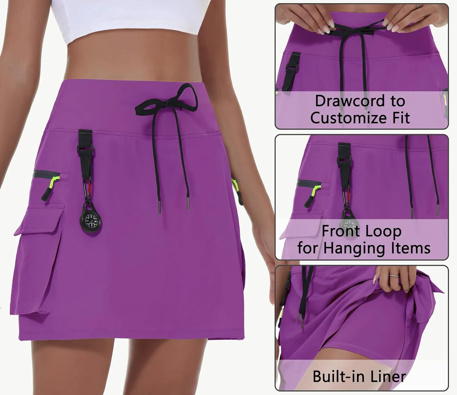 Women's Hiking Cargo Skort Skirt High Waisted Golf Dressy Casual with Zipper Pockets Workout Sport Quick Dry Skirts