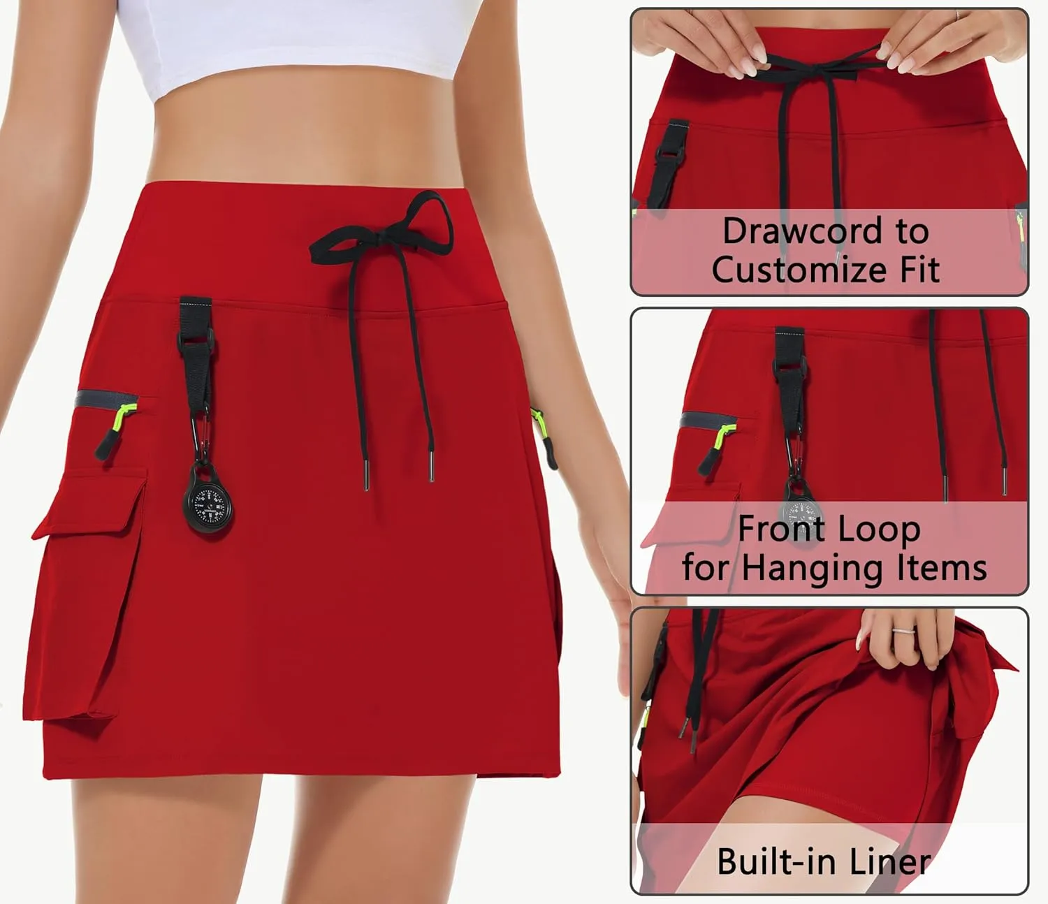 Women's Hiking Cargo Skort Skirt High Waisted Golf Dressy Casual with Zipper Pockets Workout Sport Quick Dry Skirts