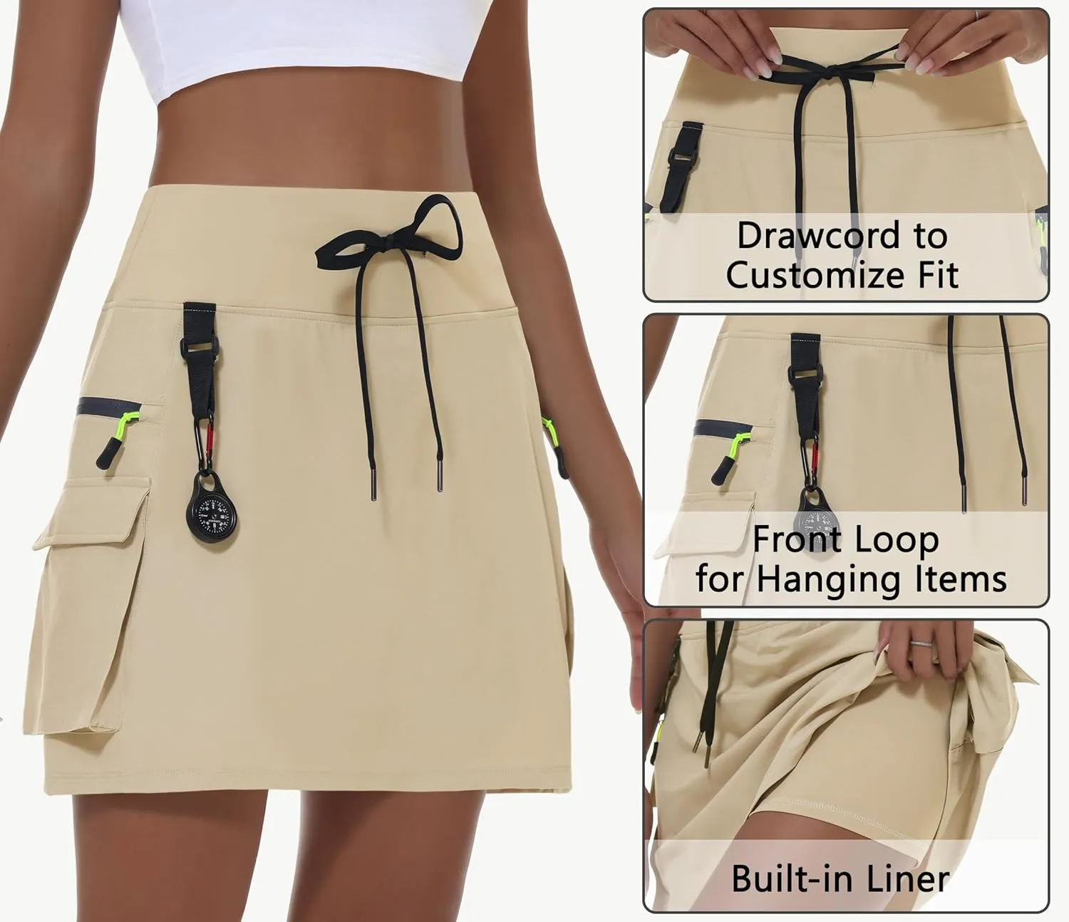 Women's Hiking Cargo Skort Skirt High Waisted Golf Dressy Casual with Zipper Pockets Workout Sport Quick Dry Skirts