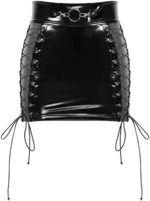 Womens Hollow Out Lace-up Mini Skirt Patent Leather Back Zipper Pencil Skirts
