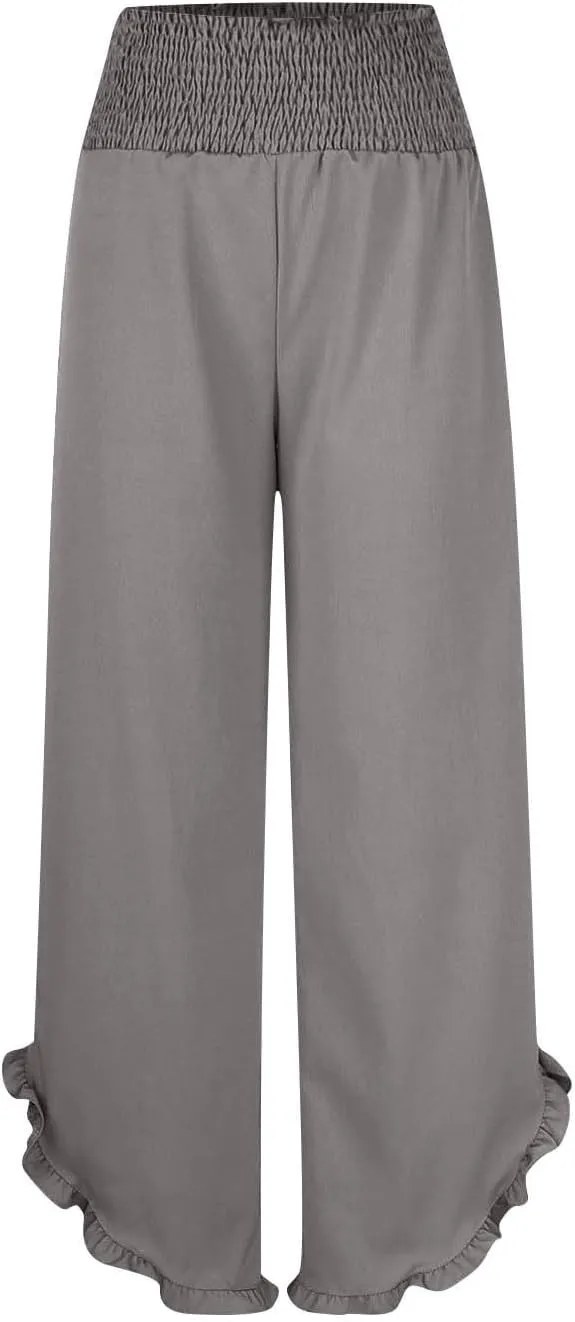 Womens Linen Pants Summer Wide Leg Pants Smocked Waist Ruffle Hem Palazzo Pant Flowy Beach Vacation Clothes with Pocket
