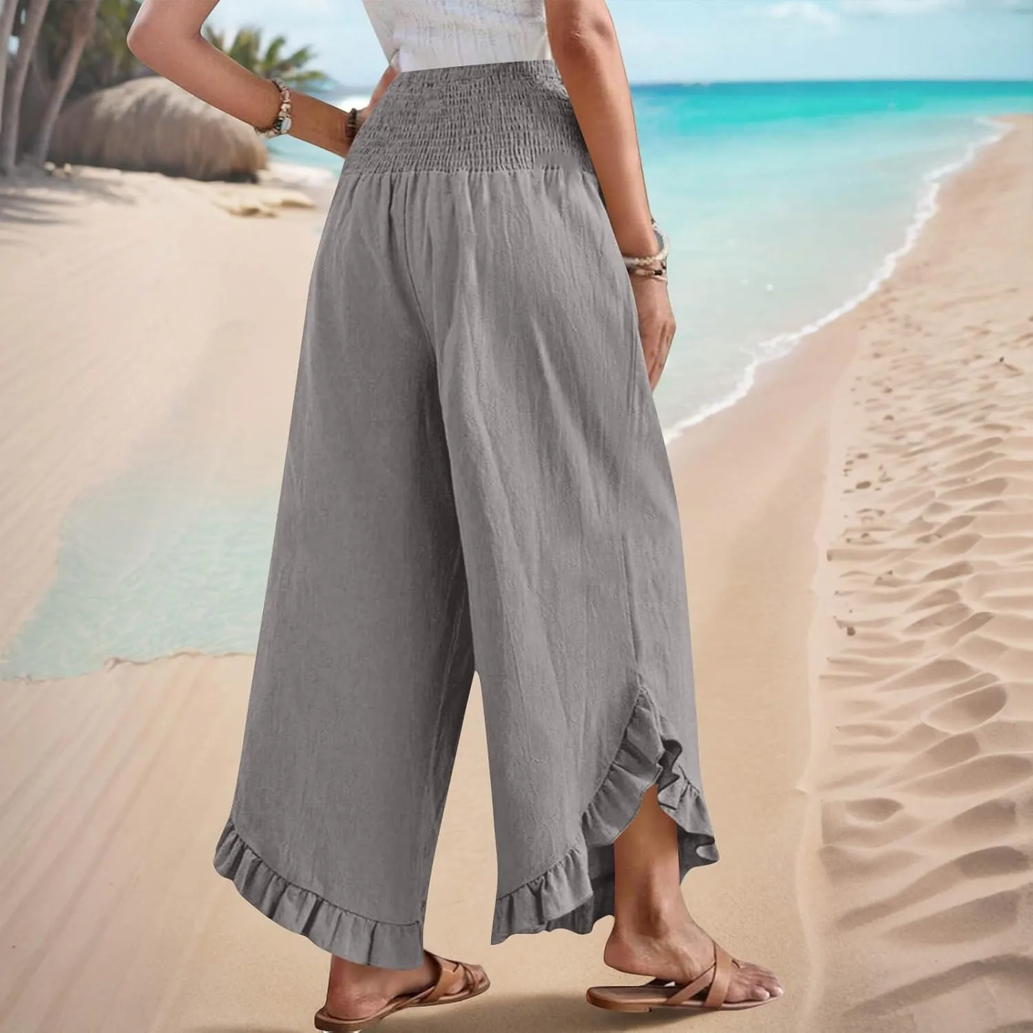 Womens Linen Pants Summer Wide Leg Pants Smocked Waist Ruffle Hem Palazzo Pant Flowy Beach Vacation Clothes with Pocket
