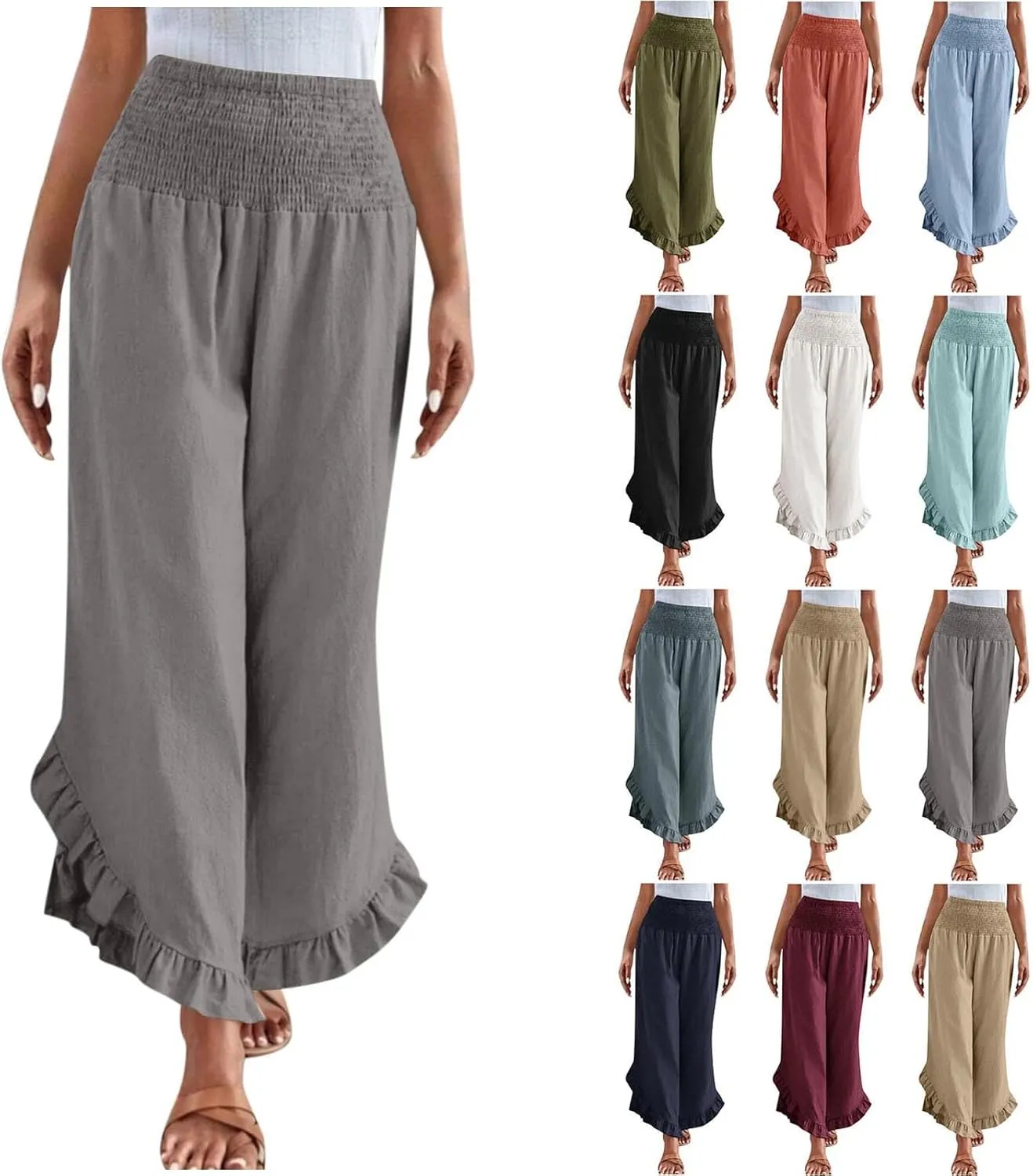 Womens Linen Pants Summer Wide Leg Pants Smocked Waist Ruffle Hem Palazzo Pant Flowy Beach Vacation Clothes with Pocket