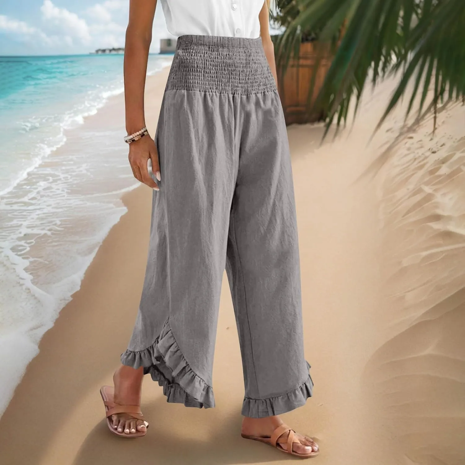 Womens Linen Pants Summer Wide Leg Pants Smocked Waist Ruffle Hem Palazzo Pant Flowy Beach Vacation Clothes with Pocket