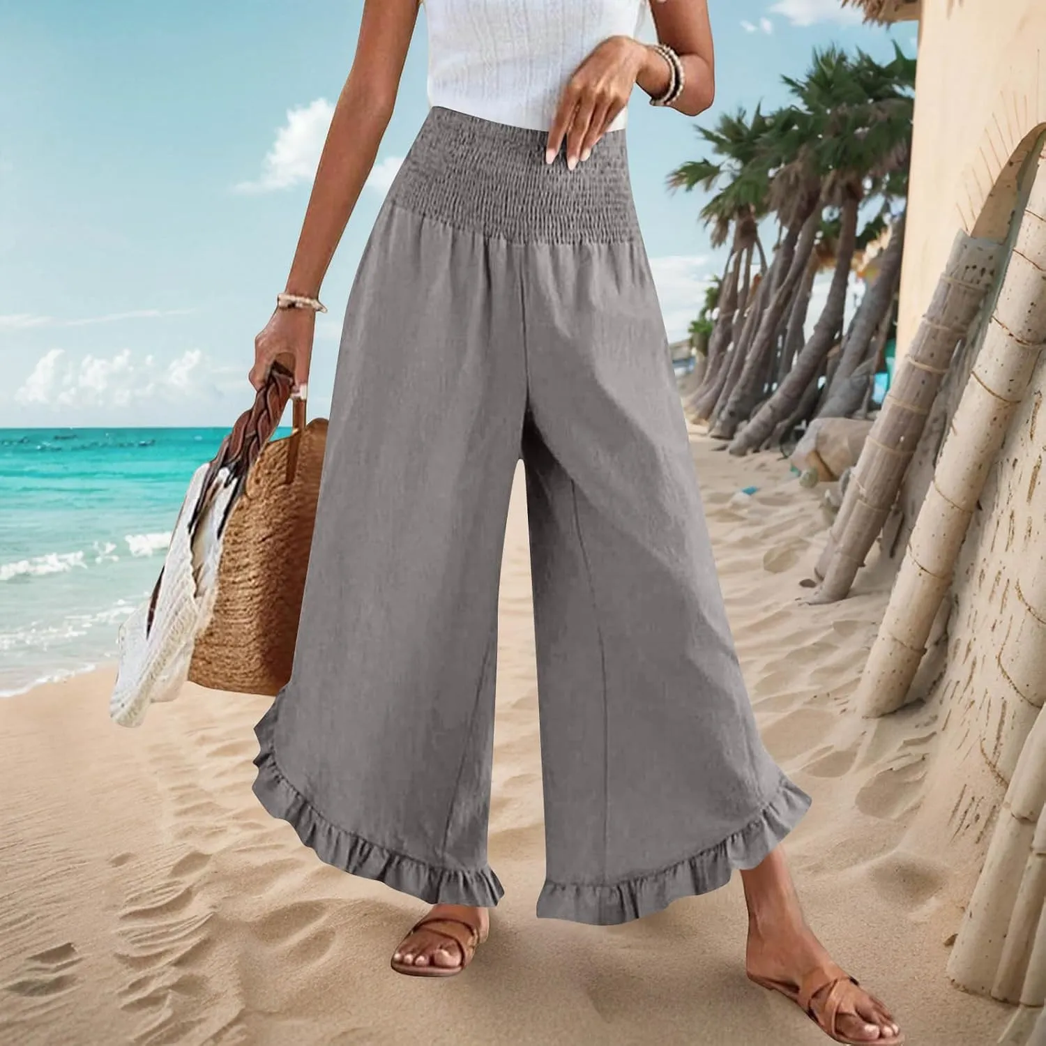 Womens Linen Pants Summer Wide Leg Pants Smocked Waist Ruffle Hem Palazzo Pant Flowy Beach Vacation Clothes with Pocket