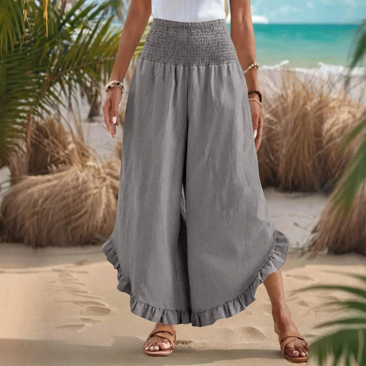 Womens Linen Pants Summer Wide Leg Pants Smocked Waist Ruffle Hem Palazzo Pant Flowy Beach Vacation Clothes with Pocket