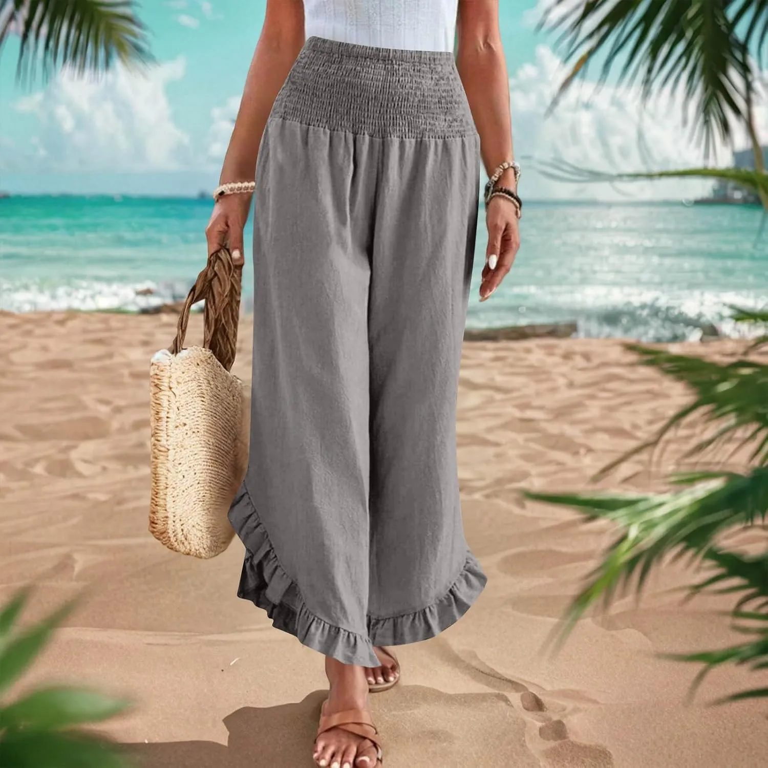 Womens Linen Pants Summer Wide Leg Pants Smocked Waist Ruffle Hem Palazzo Pant Flowy Beach Vacation Clothes with Pocket