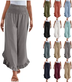 Womens Linen Pants Summer Wide Leg Pants Smocked Waist Ruffle Hem Palazzo Pant Flowy Beach Vacation Clothes with Pocket