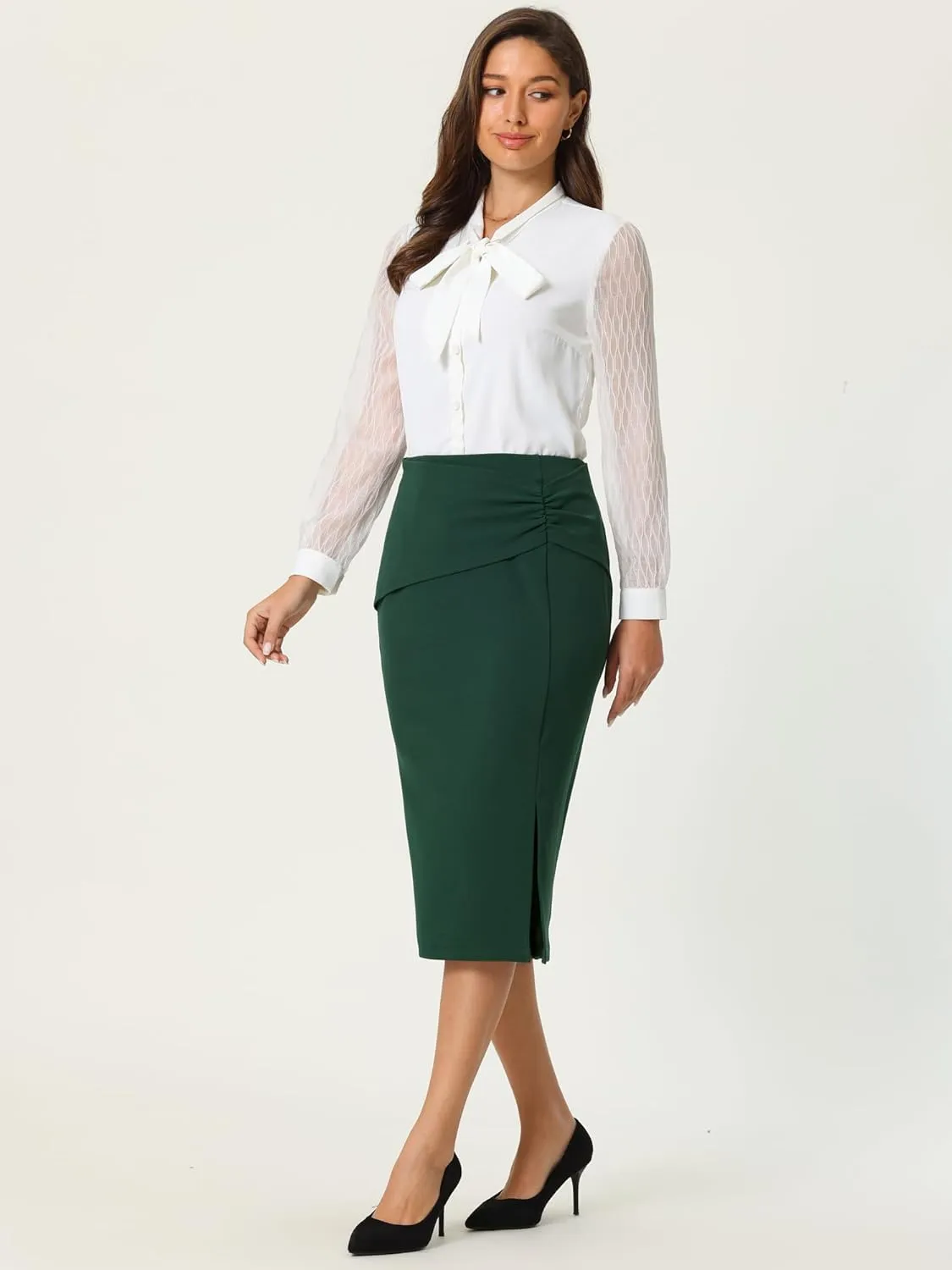 Women's Office Skirt Below Knee Length Ruched Pencil Skirts