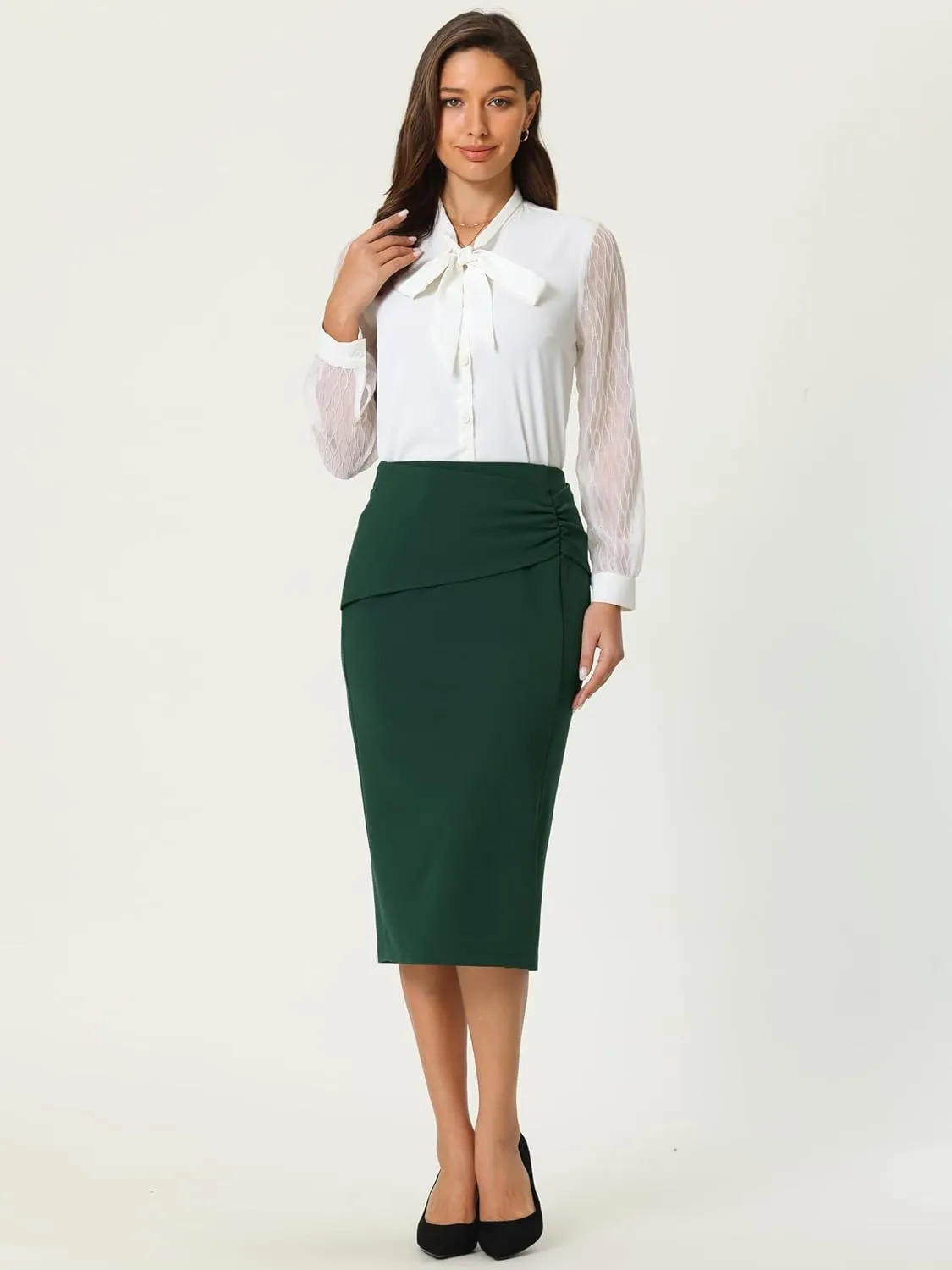 Women's Office Skirt Below Knee Length Ruched Pencil Skirts