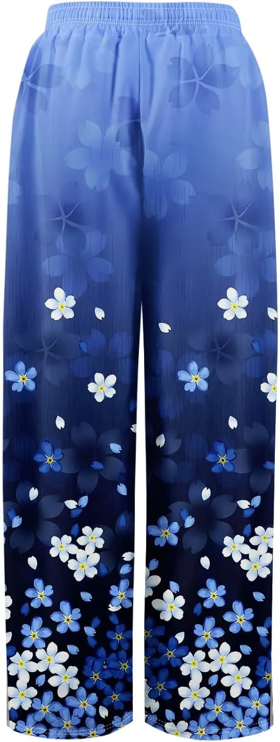 Womens Pants Casual Trendy Wide Leg High Waisted Linen Pants Drawstring Palazzo Lounge Pant Summer Beach Trousers