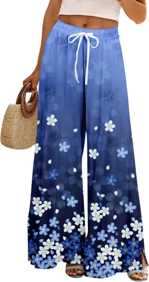 Womens Pants Casual Trendy Wide Leg High Waisted Linen Pants Drawstring Palazzo Lounge Pant Summer Beach Trousers