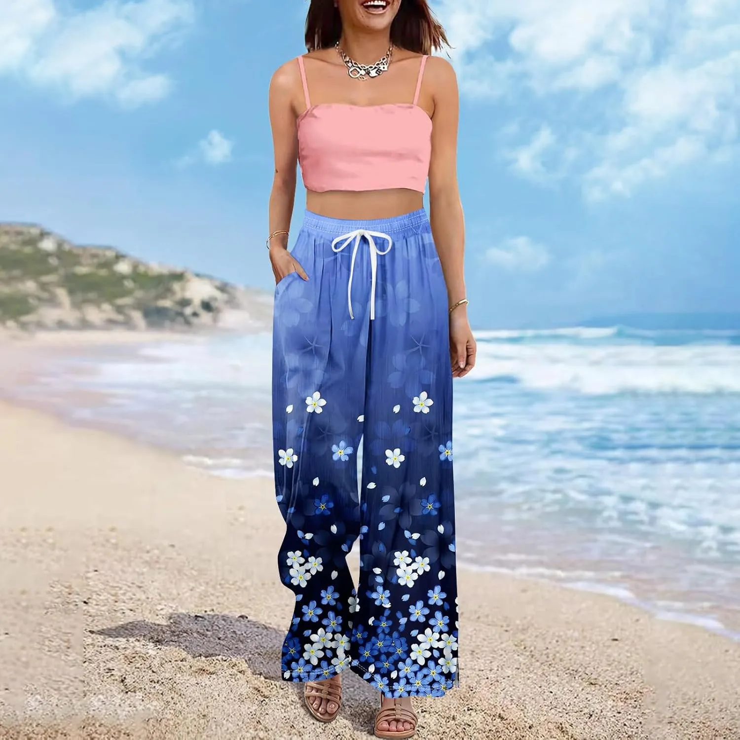 Womens Pants Casual Trendy Wide Leg High Waisted Linen Pants Drawstring Palazzo Lounge Pant Summer Beach Trousers
