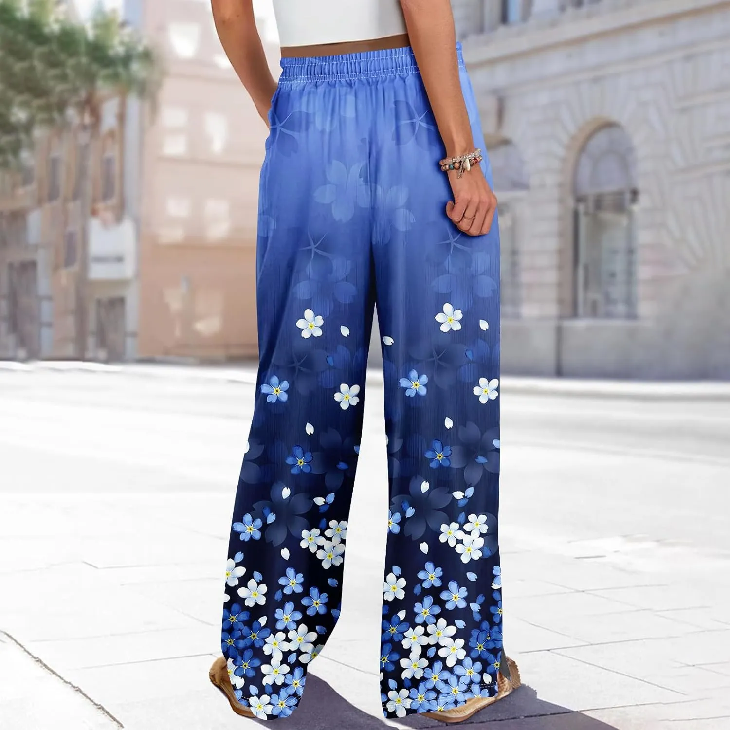 Womens Pants Casual Trendy Wide Leg High Waisted Linen Pants Drawstring Palazzo Lounge Pant Summer Beach Trousers