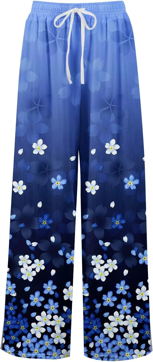 Womens Pants Casual Trendy Wide Leg High Waisted Linen Pants Drawstring Palazzo Lounge Pant Summer Beach Trousers