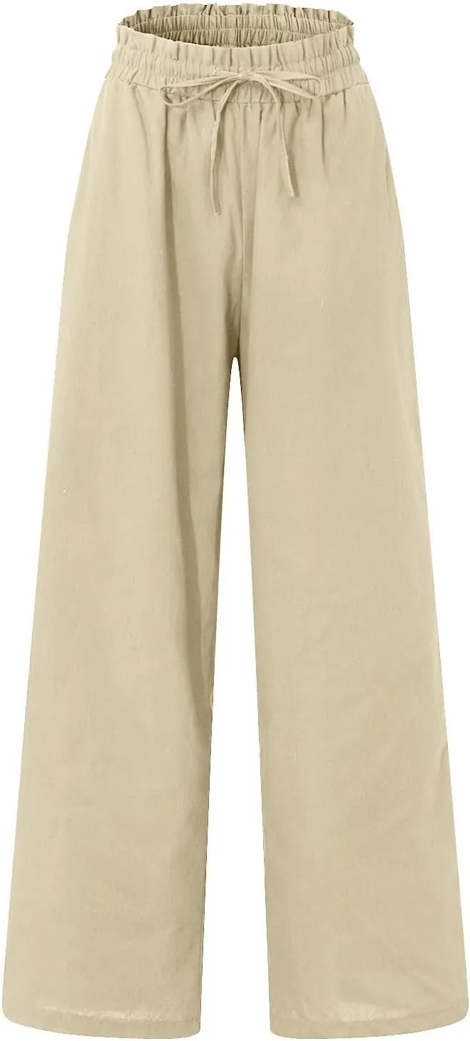 Women's Pants, Cotton Linen High Waisted Straight Leg Pants Wide Baggy Sweatpants