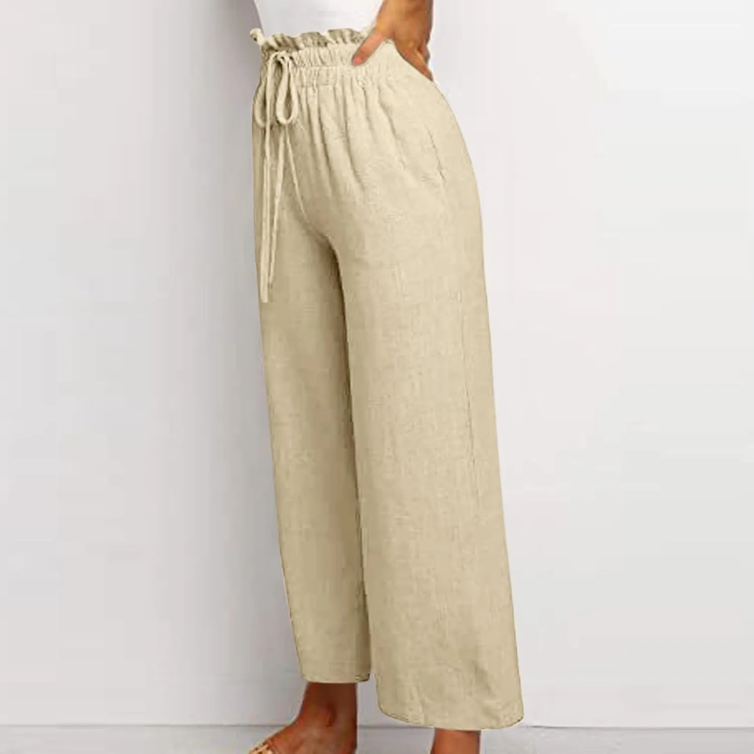Women's Pants, Cotton Linen High Waisted Straight Leg Pants Wide Baggy Sweatpants