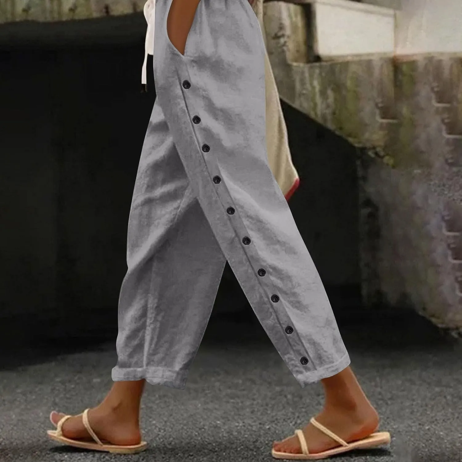 Womens Pants, Straight Leg Linen Casual Pants Print Peasant Elastic Waisted Cotton