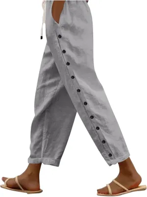 Womens Pants, Straight Leg Linen Casual Pants Print Peasant Elastic Waisted Cotton