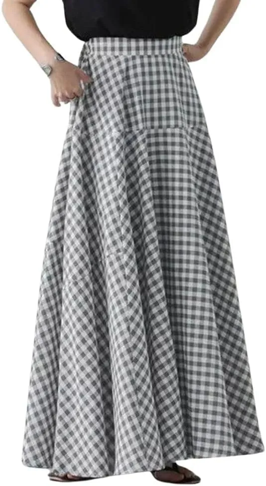 Womens Plaid Maxi Skirt High Waist A-Line Elastic Waist Skirt Summer Casual Pleated Swing Flowy Long Skirts