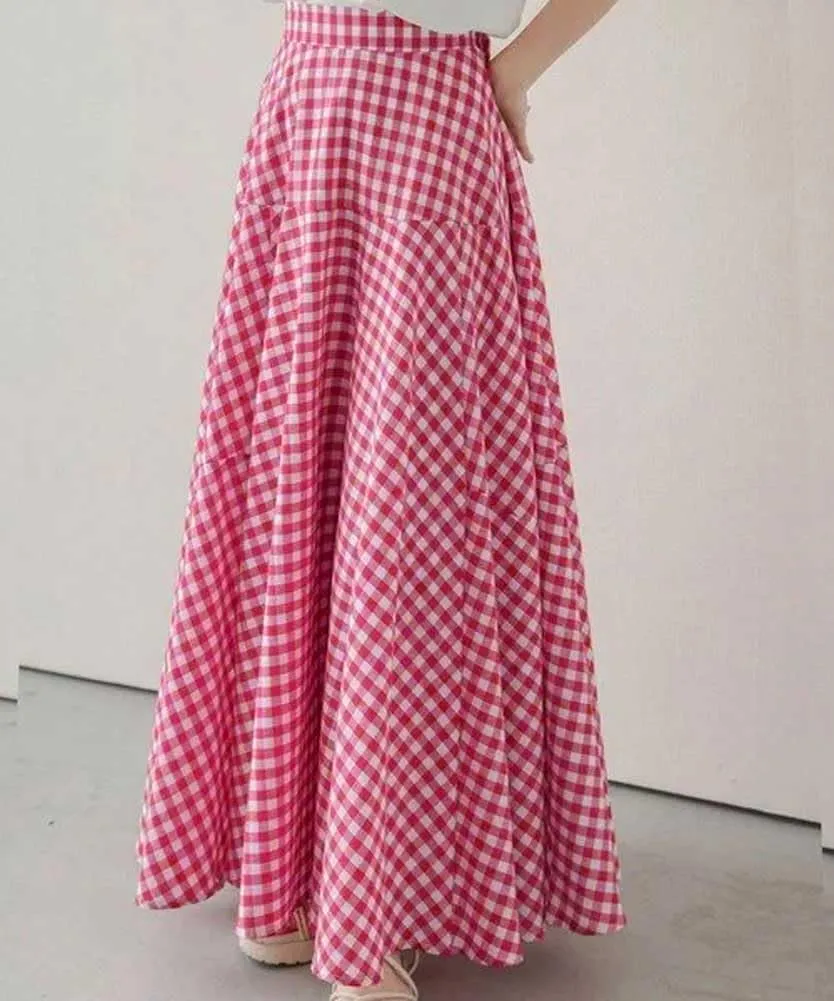 Womens Plaid Maxi Skirt High Waist A-Line Elastic Waist Skirt Summer Casual Pleated Swing Flowy Long Skirts