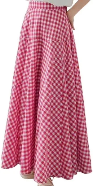 Womens Plaid Maxi Skirt High Waist A-Line Elastic Waist Skirt Summer Casual Pleated Swing Flowy Long Skirts