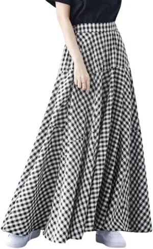 Womens Plaid Maxi Skirt High Waist A-Line Elastic Waist Skirt Summer Casual Pleated Swing Flowy Long Skirts