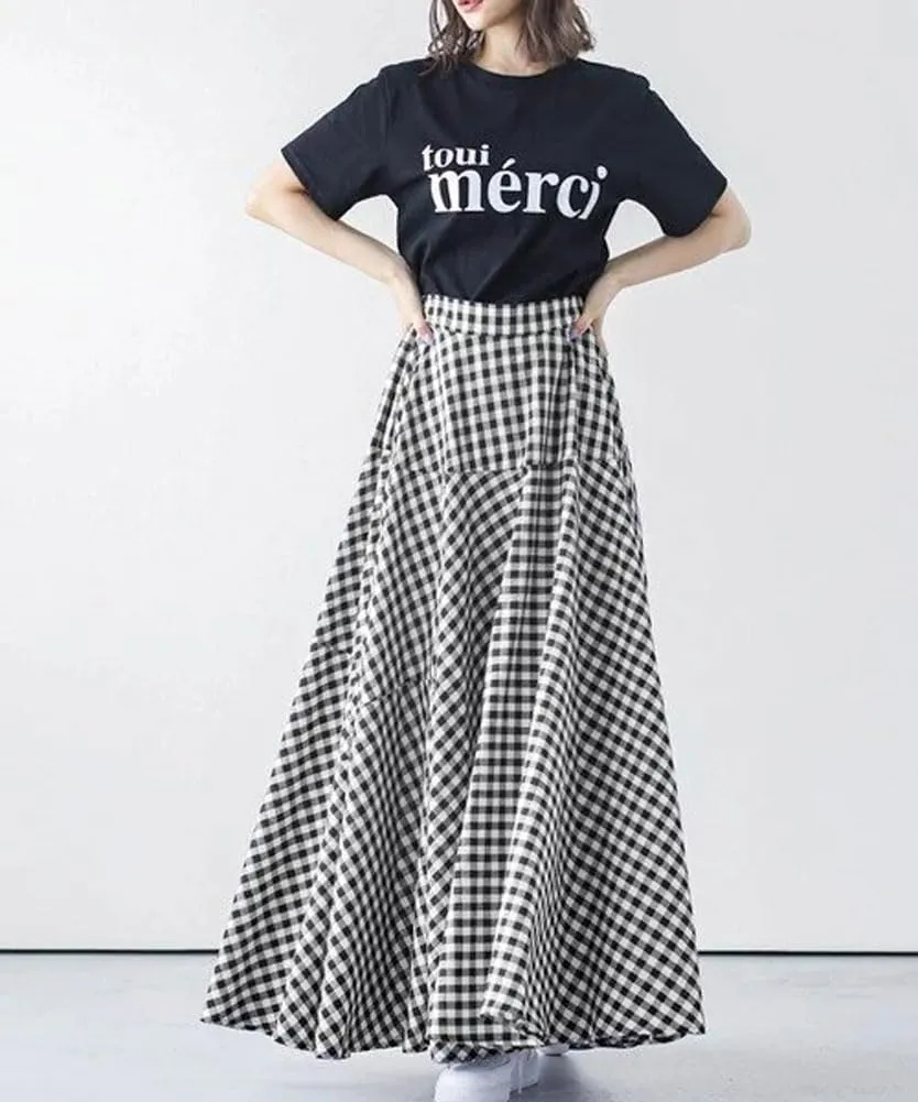 Womens Plaid Maxi Skirt High Waist A-Line Elastic Waist Skirt Summer Casual Pleated Swing Flowy Long Skirts
