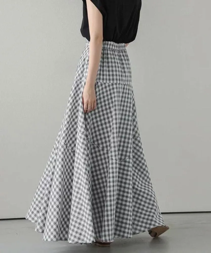 Womens Plaid Maxi Skirt High Waist A-Line Elastic Waist Skirt Summer Casual Pleated Swing Flowy Long Skirts