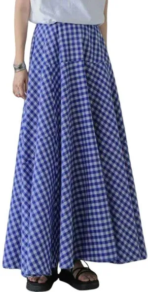 Womens Plaid Maxi Skirt High Waist A-Line Elastic Waist Skirt Summer Casual Pleated Swing Flowy Long Skirts