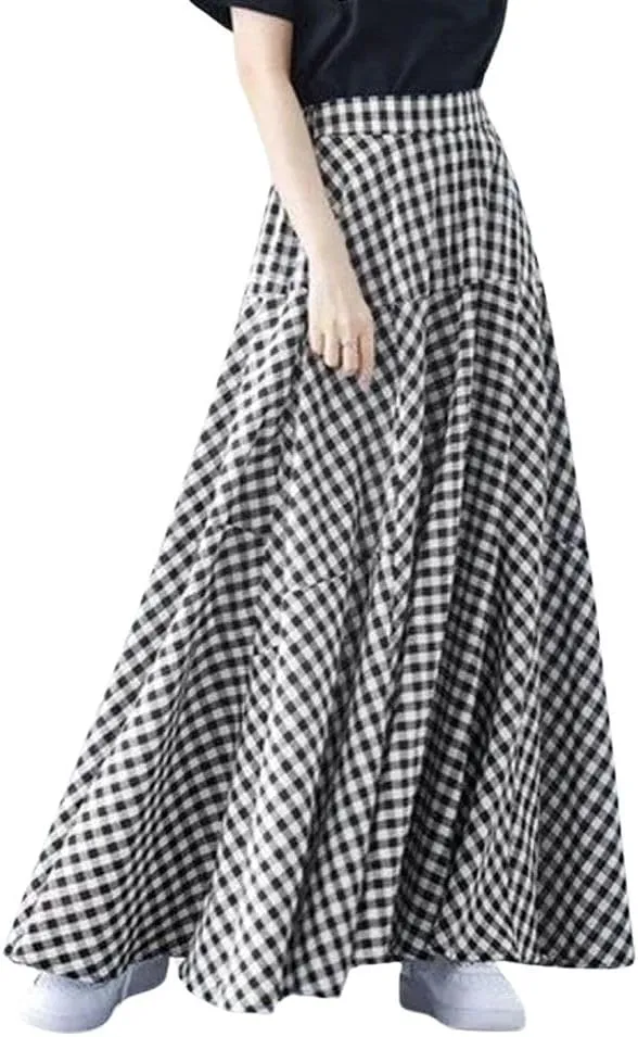 Womens Plaid Maxi Skirt High Waist A-Line Elastic Waist Skirt Summer Casual Pleated Swing Flowy Long Skirts