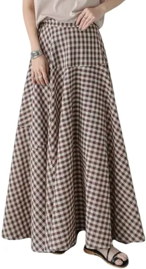 Womens Plaid Maxi Skirt High Waist A-Line Elastic Waist Skirt Summer Casual Pleated Swing Flowy Long Skirts