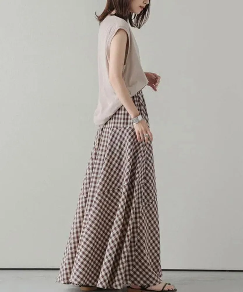 Womens Plaid Maxi Skirt High Waist A-Line Elastic Waist Skirt Summer Casual Pleated Swing Flowy Long Skirts