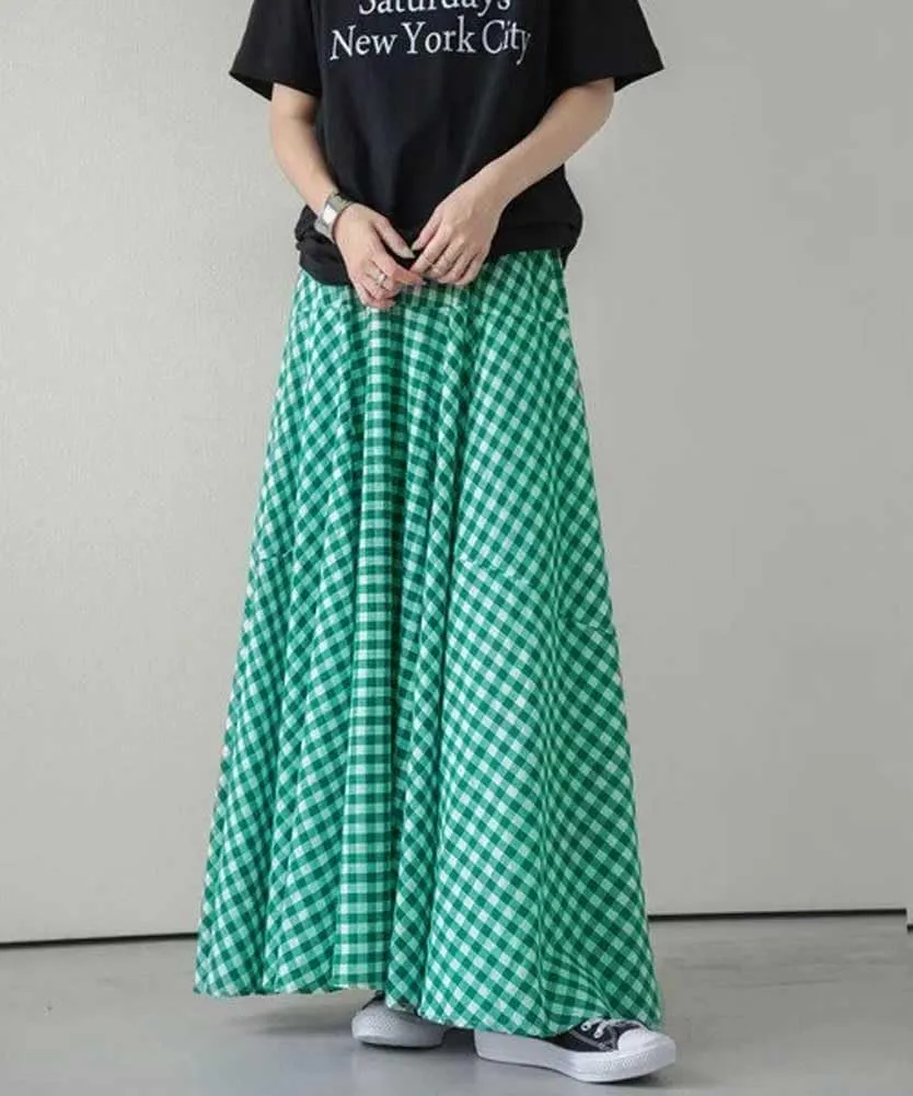 Womens Plaid Maxi Skirt High Waist A-Line Elastic Waist Skirt Summer Casual Pleated Swing Flowy Long Skirts