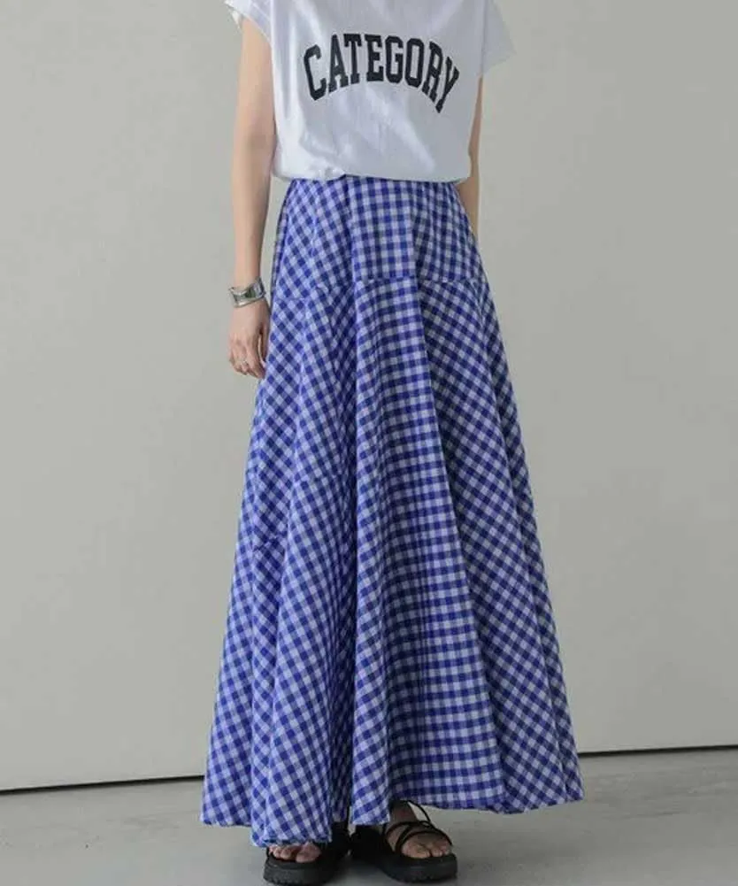 Womens Plaid Maxi Skirt High Waist A-Line Elastic Waist Skirt Summer Casual Pleated Swing Flowy Long Skirts