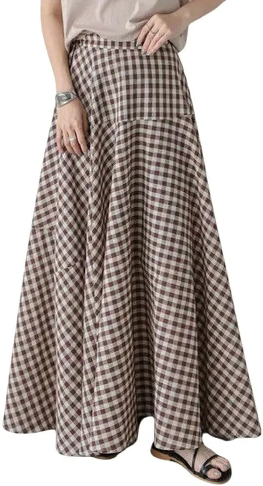 Womens Plaid Maxi Skirt High Waist A-Line Elastic Waist Skirt Summer Casual Pleated Swing Flowy Long Skirts