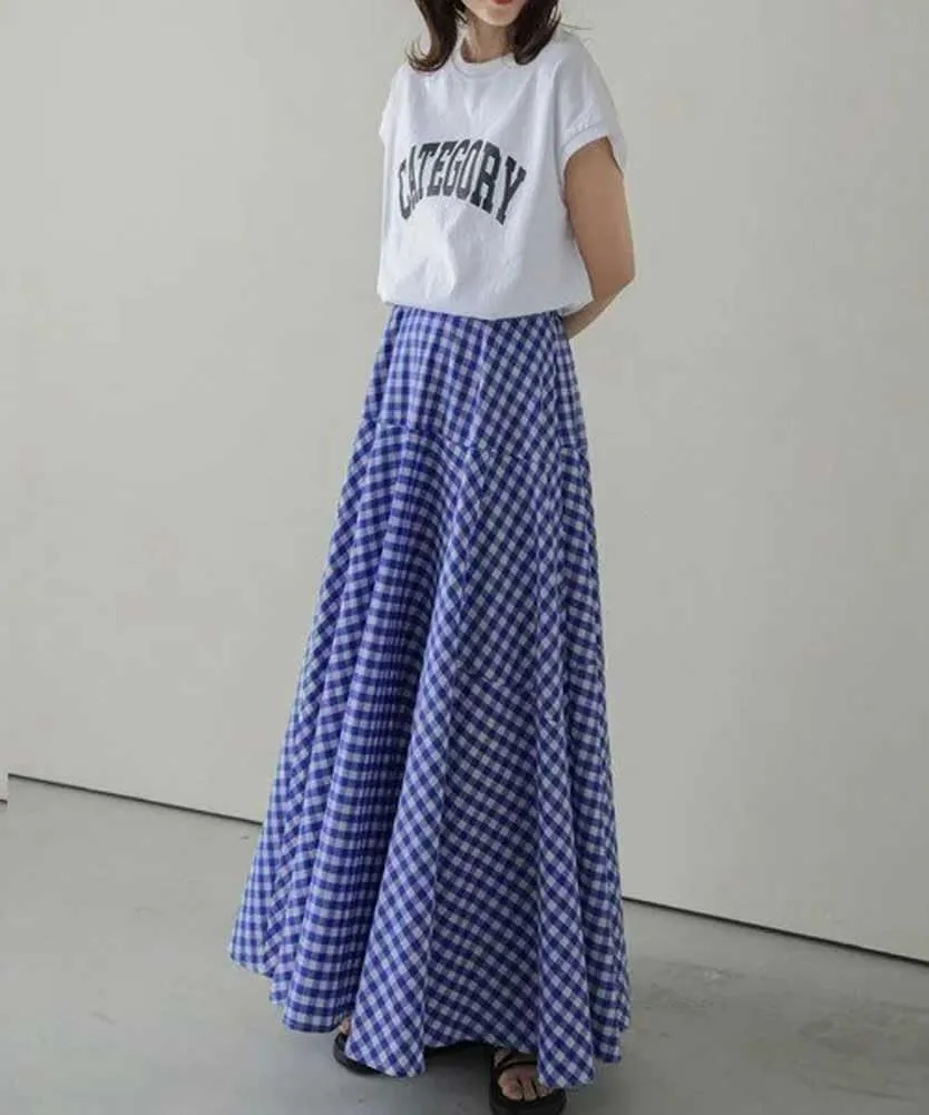 Womens Plaid Maxi Skirt High Waist A-Line Elastic Waist Skirt Summer Casual Pleated Swing Flowy Long Skirts