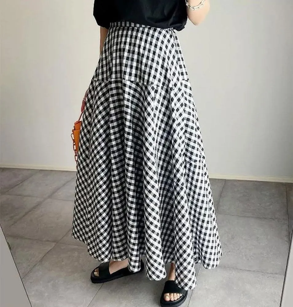 Womens Plaid Maxi Skirt High Waist A-Line Elastic Waist Skirt Summer Casual Pleated Swing Flowy Long Skirts