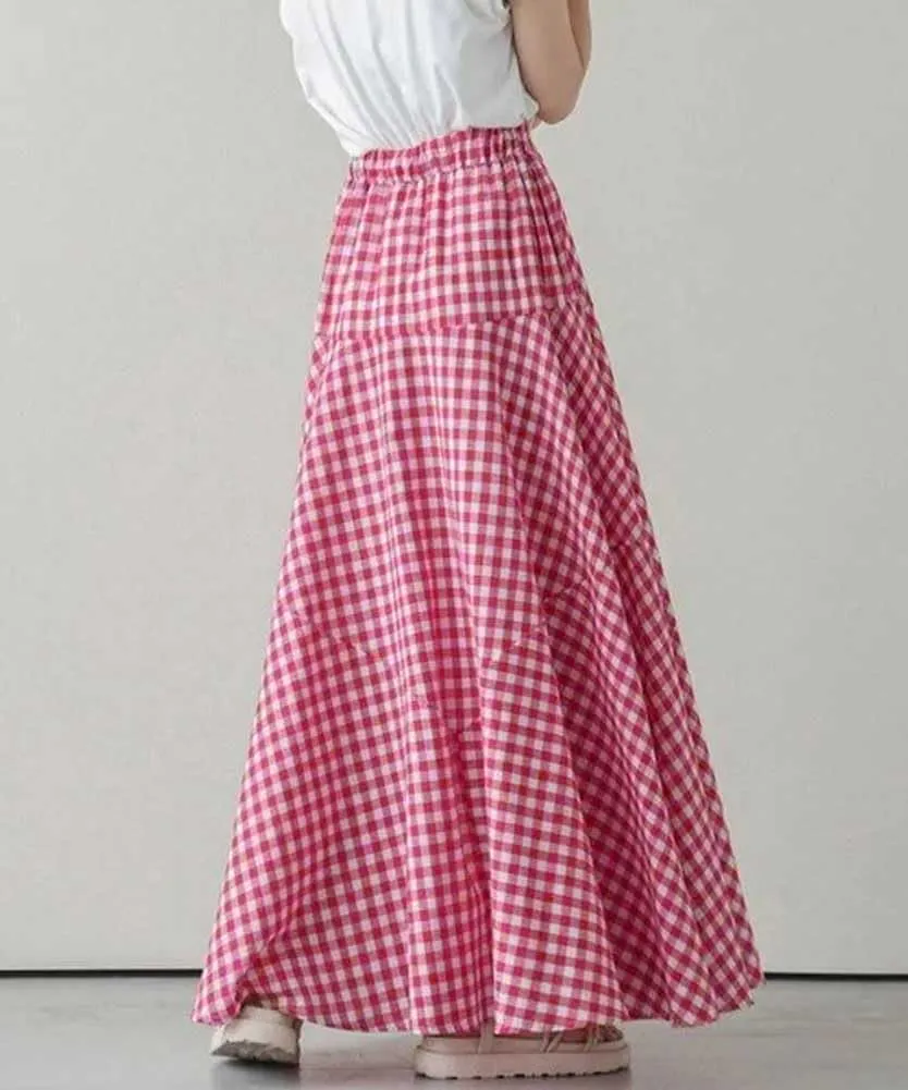 Womens Plaid Maxi Skirt High Waist A-Line Elastic Waist Skirt Summer Casual Pleated Swing Flowy Long Skirts