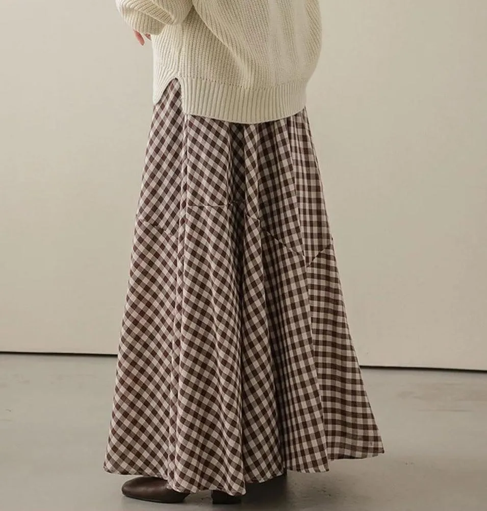 Womens Plaid Maxi Skirt High Waist A-Line Elastic Waist Skirt Summer Casual Pleated Swing Flowy Long Skirts