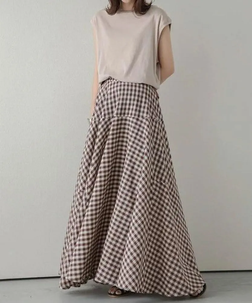 Womens Plaid Maxi Skirt High Waist A-Line Elastic Waist Skirt Summer Casual Pleated Swing Flowy Long Skirts