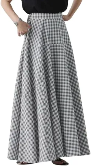 Womens Plaid Maxi Skirt High Waist A-Line Elastic Waist Skirt Summer Casual Pleated Swing Flowy Long Skirts