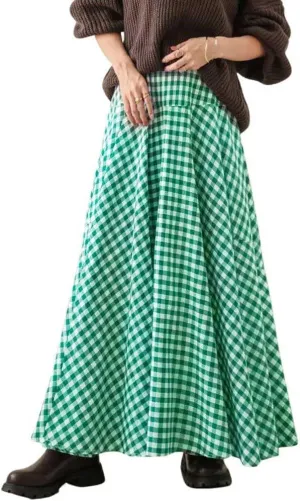 Womens Plaid Maxi Skirt High Waist A-Line Elastic Waist Skirt Summer Casual Pleated Swing Flowy Long Skirts