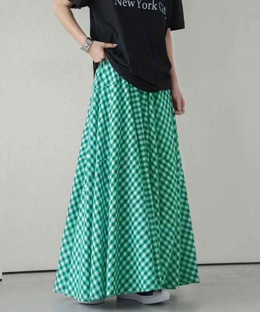 Womens Plaid Maxi Skirt High Waist A-Line Elastic Waist Skirt Summer Casual Pleated Swing Flowy Long Skirts